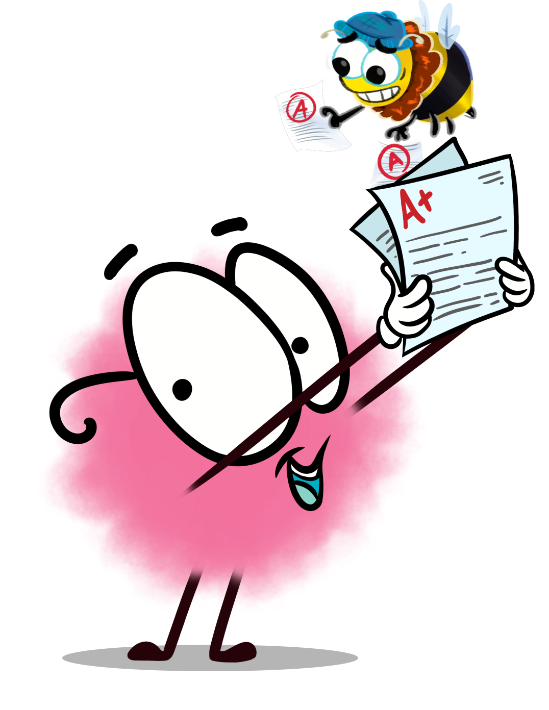 Sketchy learning mascot, Puff, holding up graded A+ papers with a bubblebee